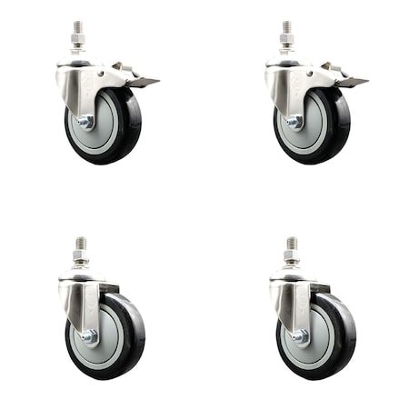 Service Caster 4 Inch 316SS Black Polyurethane 10mm Threaded Stem Caster Lock Brake, 2PK SS316TSTTL20S414-PPUB-BLK-M1015-2-S2